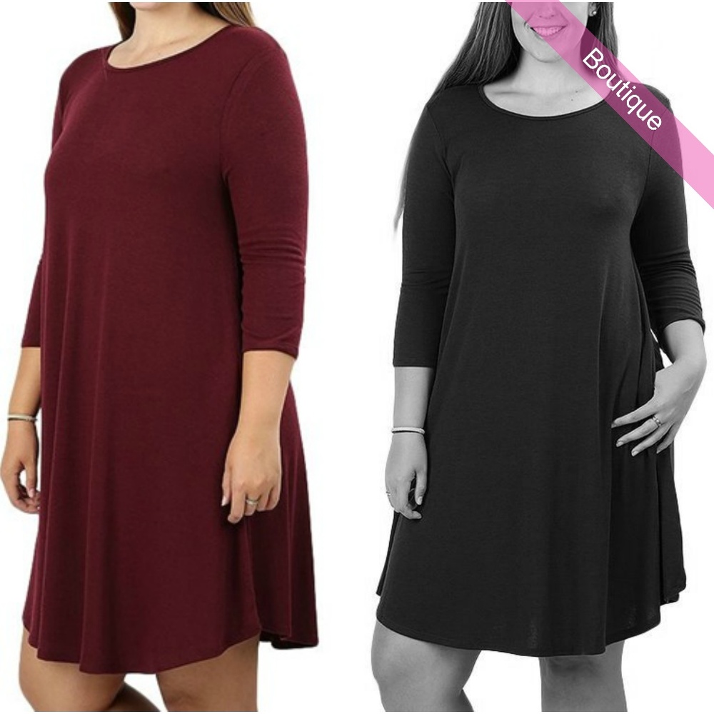 Burgundy Scoop Neck 3/4 Sleeve Dress XL, XXL& XXXL
